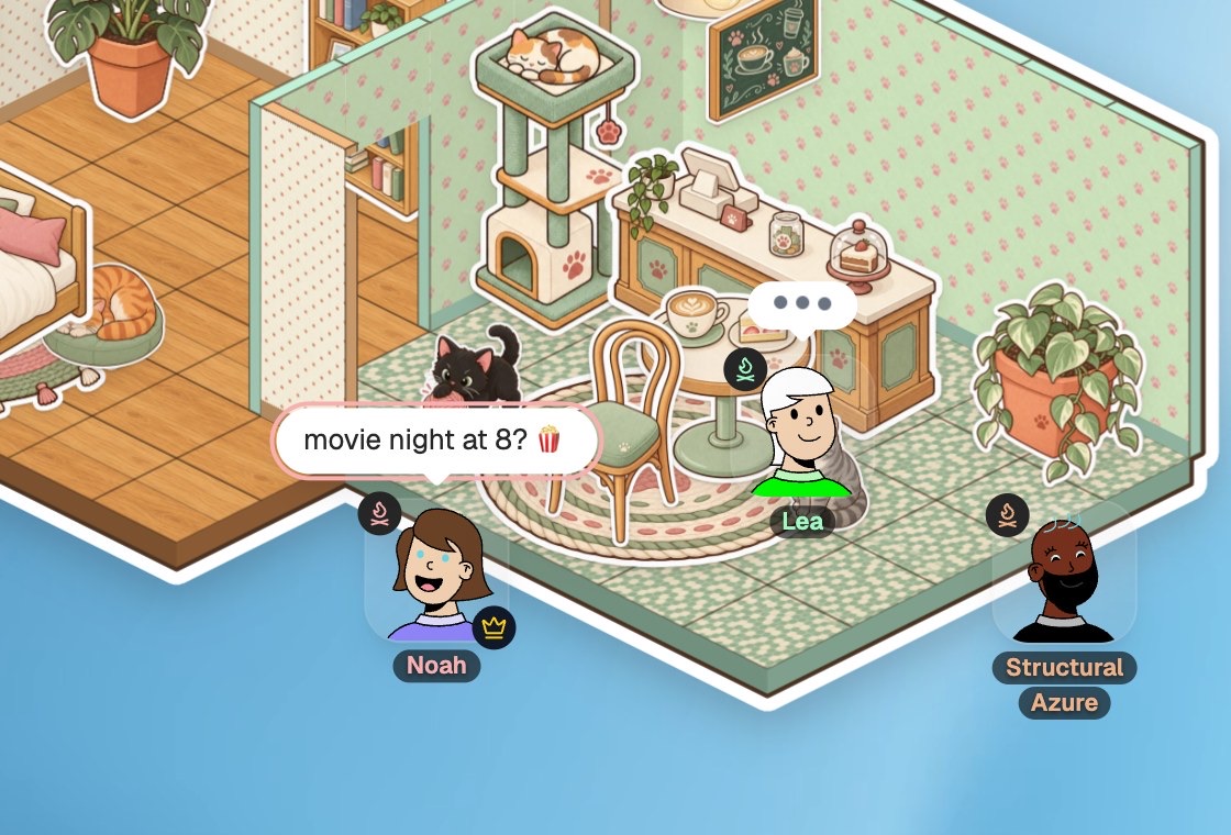 Noah asks "movie night at 8?" in a bubble over his head while Lea types an answer