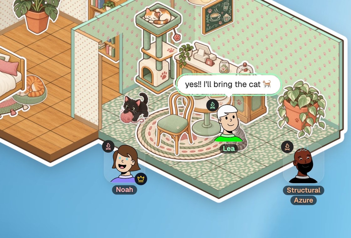 Lea answers "yes!! I'll bring the cat" in a bubble over her head