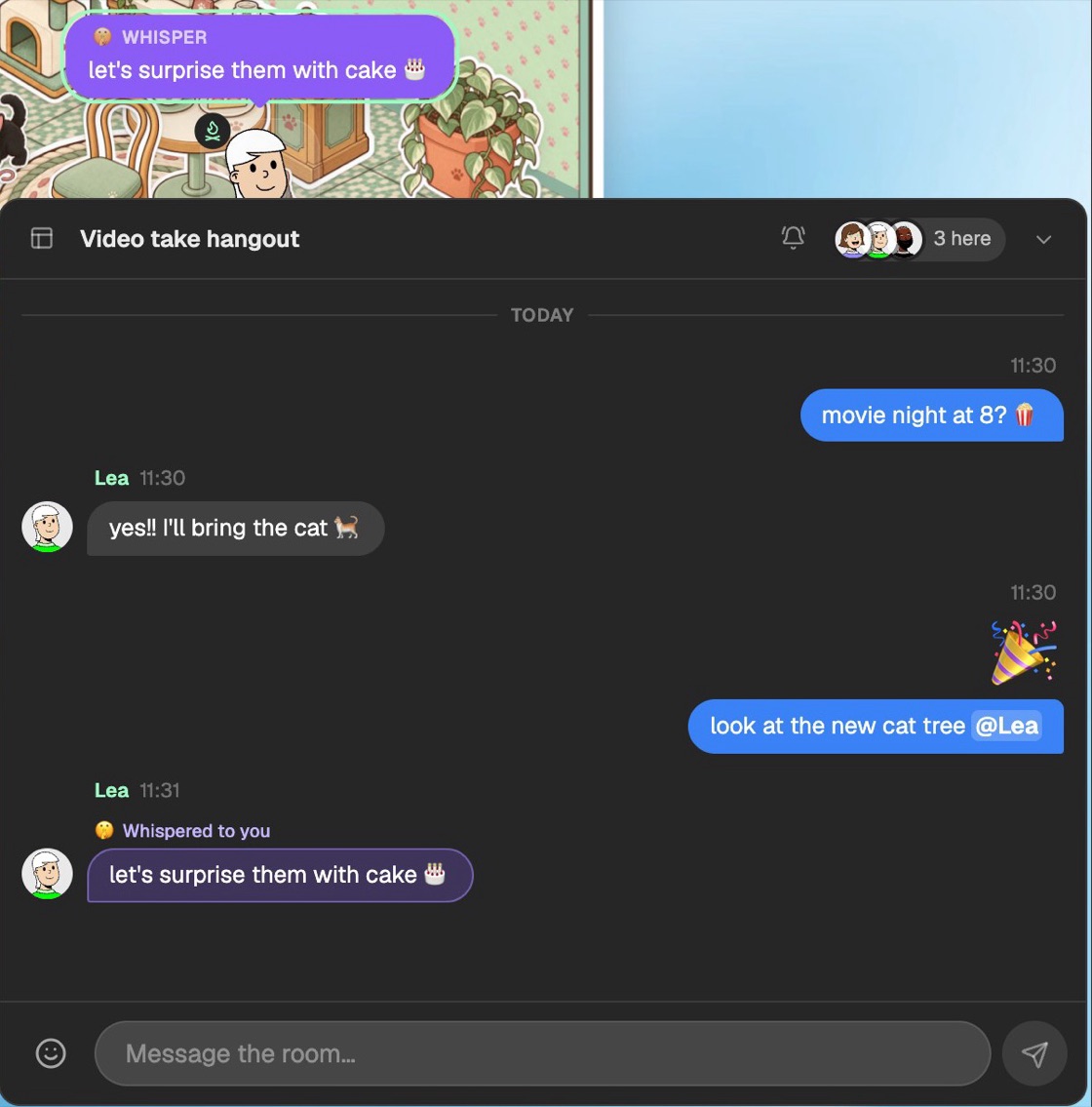 The chat panel with a violet whisper bubble, and the same whisper in a violet bubble over Lea's head