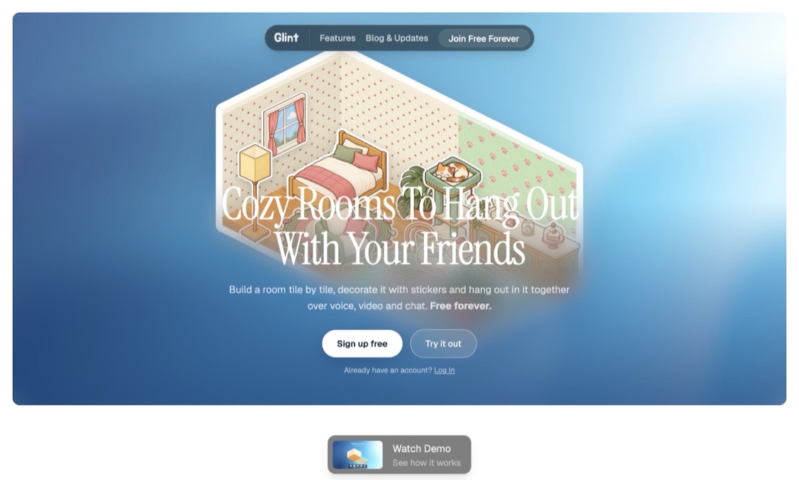 The glint.so homepage with a room building itself behind the headline and the Sign up free and Try it out buttons