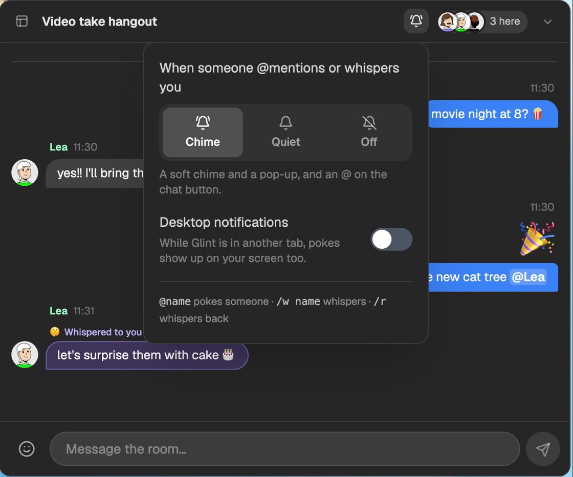 The notification settings: Chime, Quiet or Off, and a desktop notifications switch