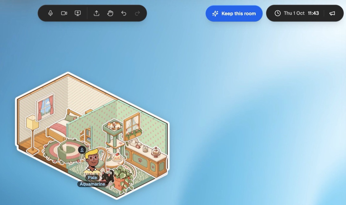 A try-out room in Glint with the Keep this room button at the top
