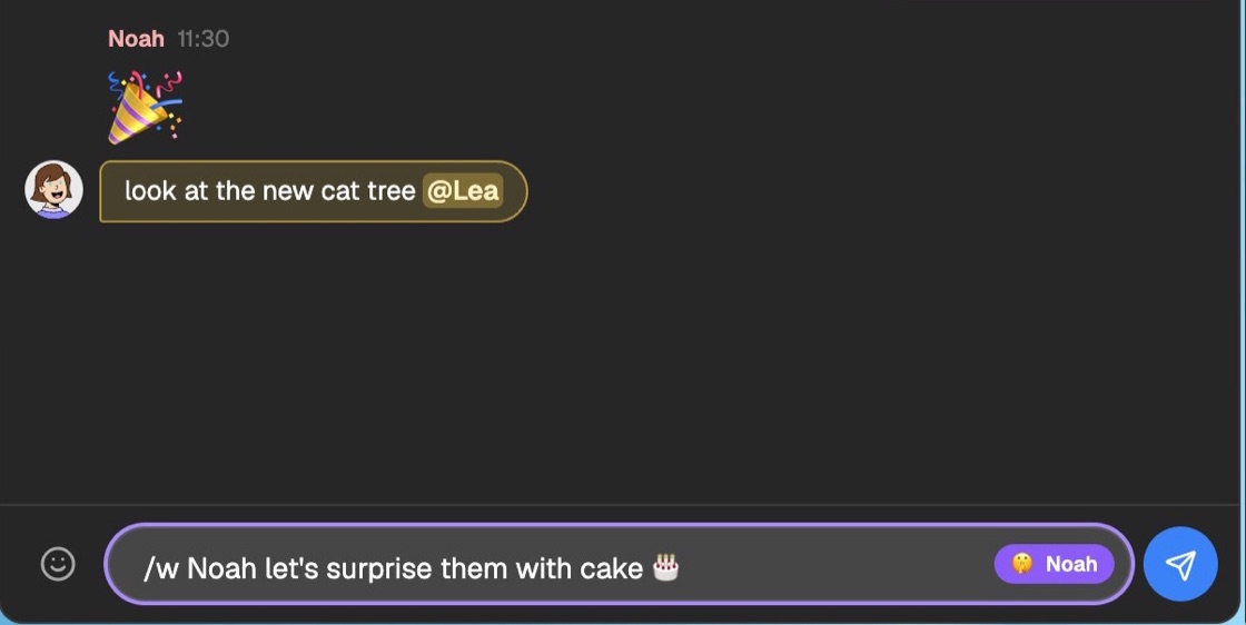 Typing a whisper: "/w Noah let's surprise them with cake" with a violet Noah tag in the chat box