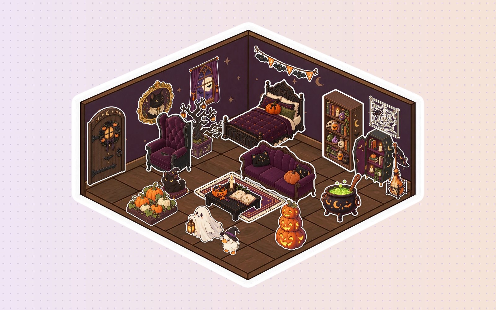 A Glint room decorated for Halloween with a gothic bed, a potion shelf, a bubbling cauldron, jack-o'-lanterns and a little ghost