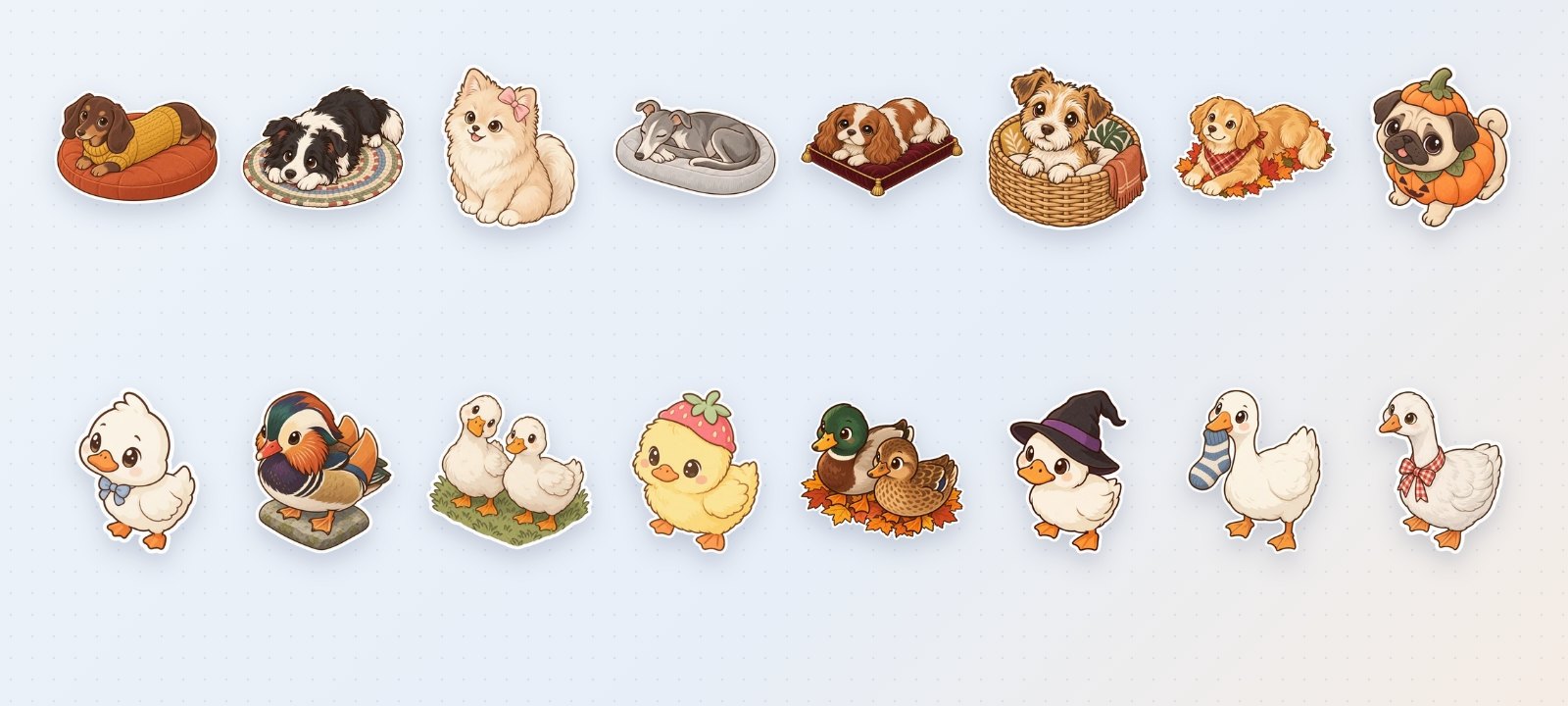 Sixteen new Glint pet stickers: dogs, ducks and geese in every series