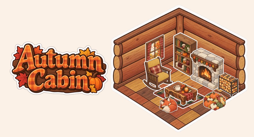 The Autumn Cabin sticker series: a log cabin room with a rocking chair, pumpkins and a sleeping fox