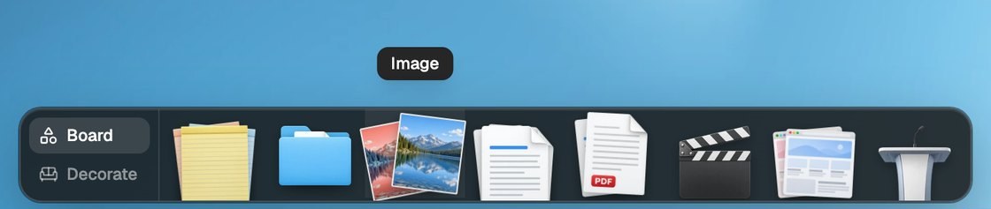 The Glint dock on its Board tab, with notes, folders, images, docs and the stage