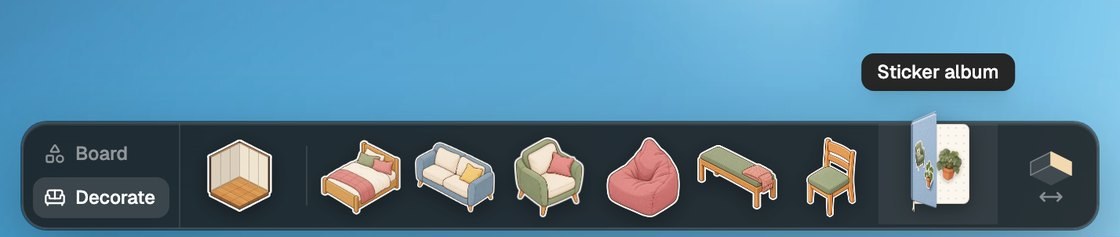 The Glint dock on its Decorate tab, with Build and the sticker album