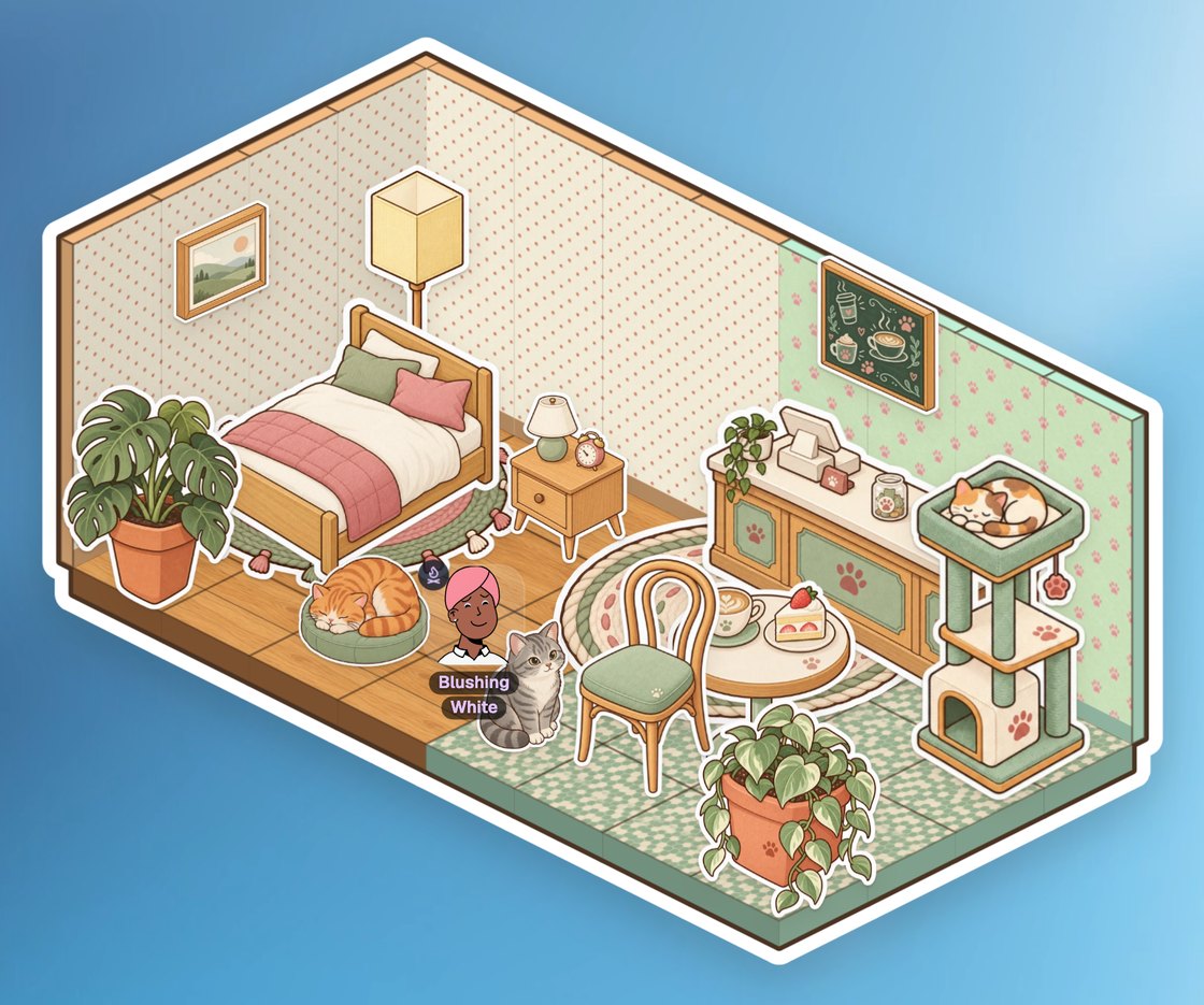 A Glint room with a bedroom and a cat café, decorated with stickers