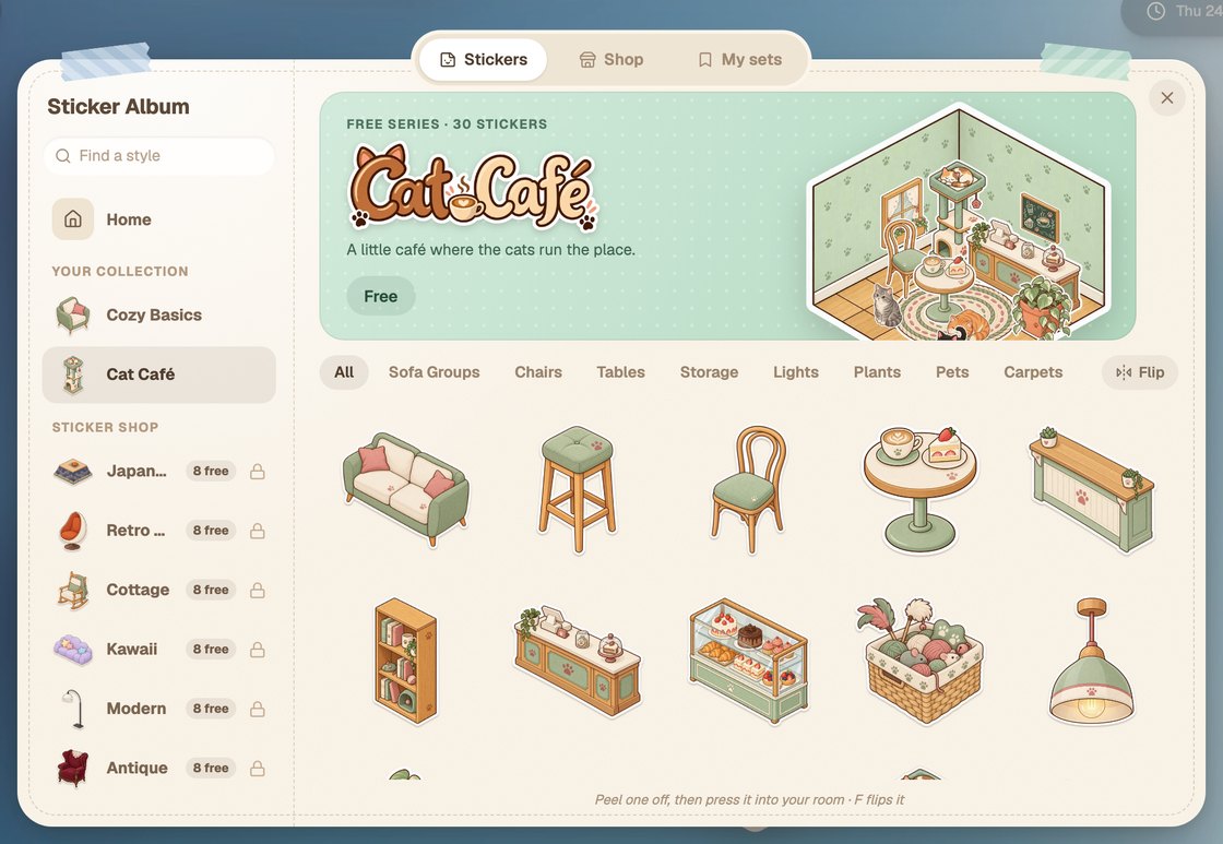 The Glint sticker album open on the Cat Café series