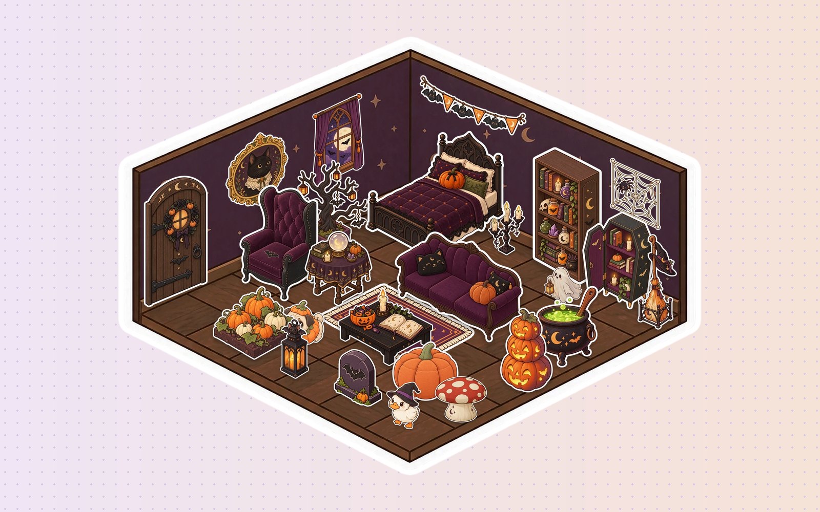 A Halloween room in Glint with a little ghost hiding between the potion shelf and the coffin cabinet