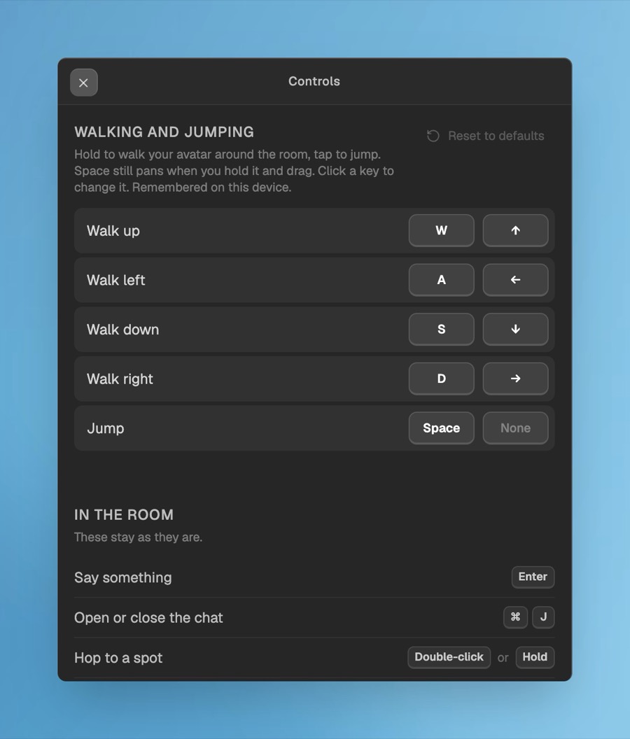 The Controls window in Glint, with W A S D and the arrow keys for walking and Space to jump
