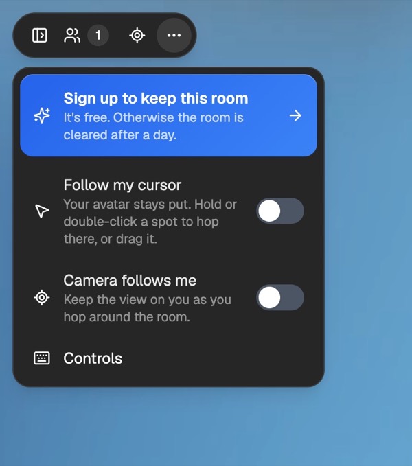 The Glint room menu with Follow my cursor, Camera follows me and Controls