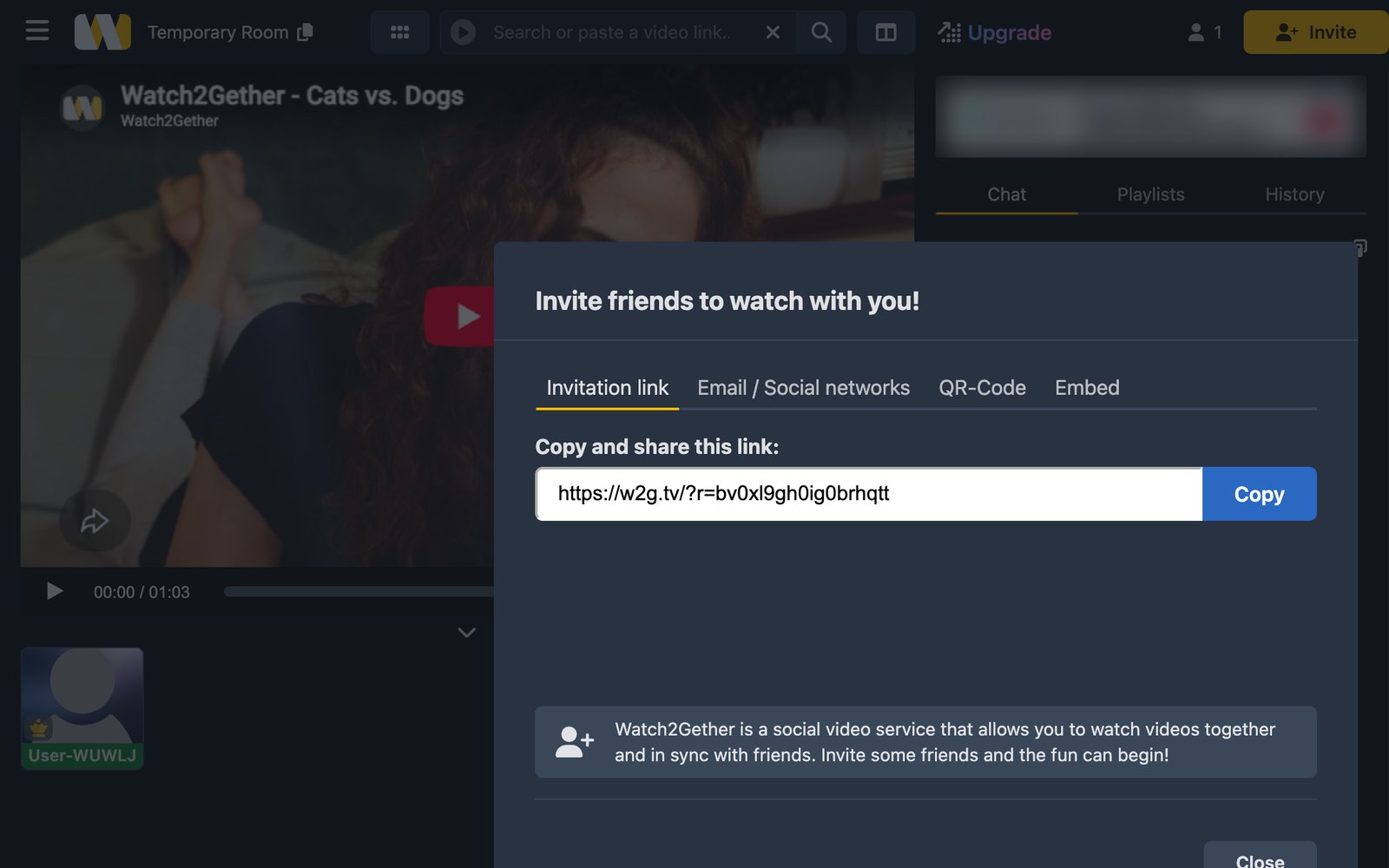 Watch2Gether's invite window with the room's invitation link and a Copy button